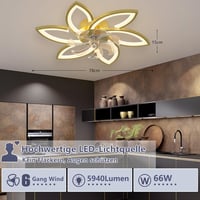 Revneey LED Mennyezeti Ventilátor 6 Fejjel - 66W Szabályozható Fényerő (3000-6000K), Csendes, Irányváltható, Arany, 78x15cm - Nappali, Háló, 6