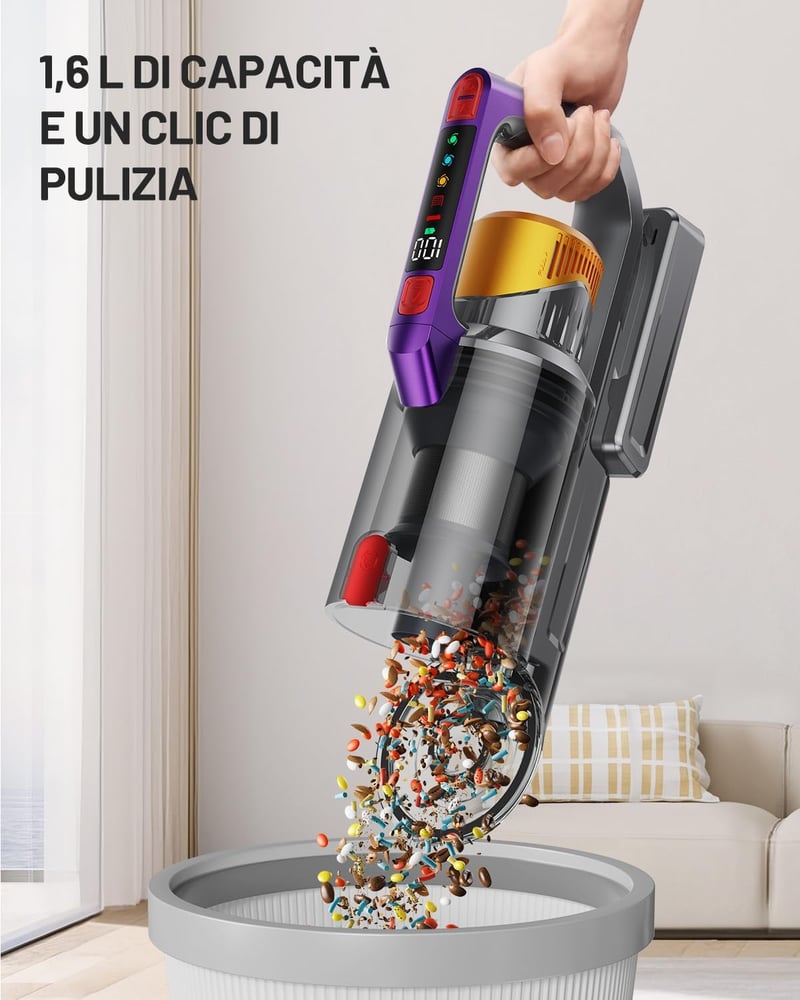 Kissof T17 Vezeték Nélküli Porszívó, 45000Pa Szívóerő, 550W Motor, 70 Perces Üzemidő, HEPA Szűrő, 1.6L Portartály, Arany