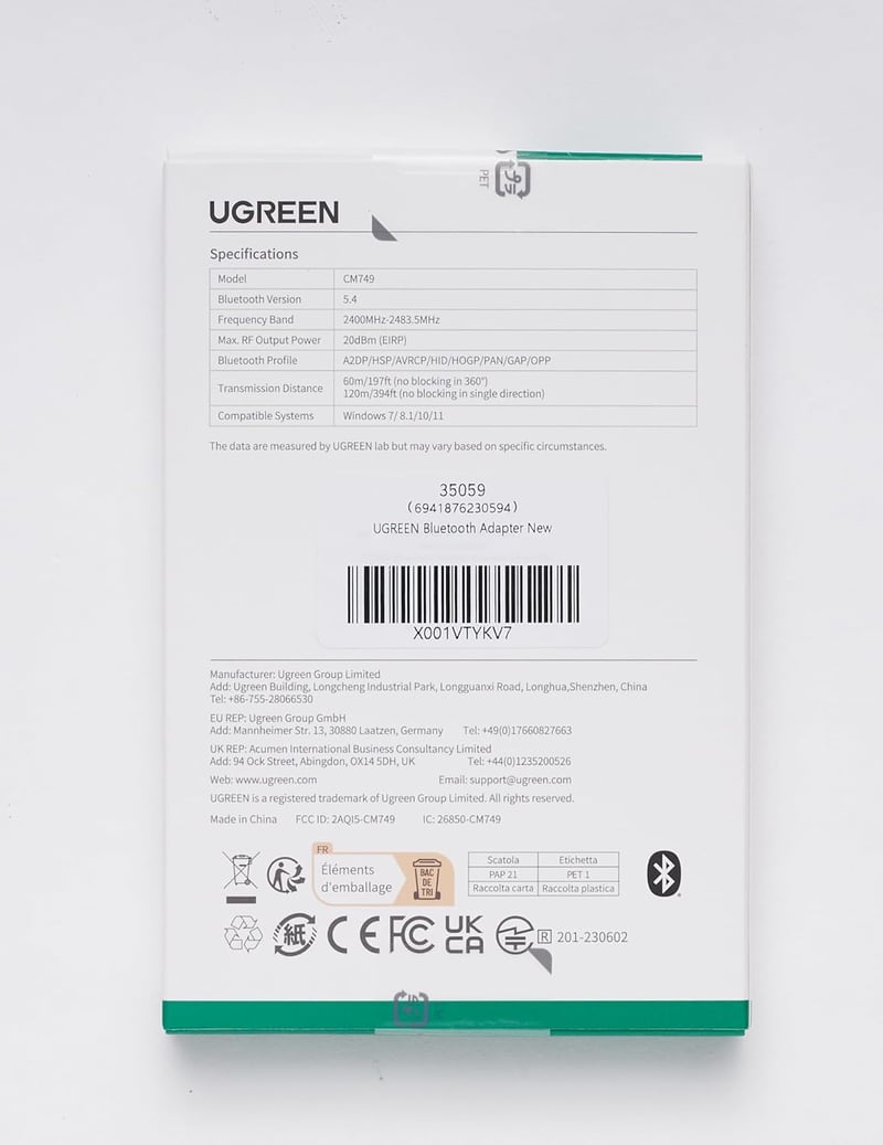 UGREEN Bluetooth 5.4 adapter PC-hez, nagy hatótávolságú USB dongle Windows 11/10/8.1-hez