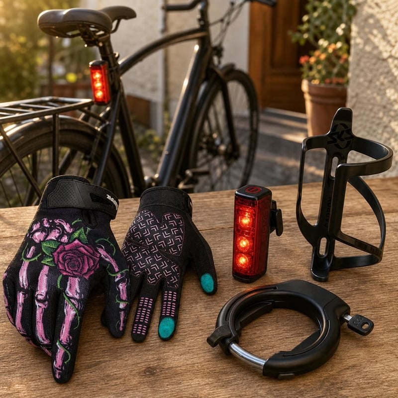 Pachet Siguranță Urbană: mănuși + stop cu lumină de frână + suport bidon + antifurt bicicletă