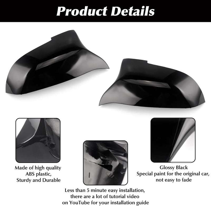 Asasytal Tükör Borítás BMW 5/6/7 Sorozathoz F10 F11 F18 LCI GT F07 F06 F12 F13 F01 F02 - Fényes Fekete ABS Műanyag Visszapillantó Tükör Burk