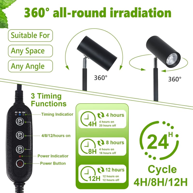 Rayofly 20W Teljes Spektrumú LED Növénylámpa, Állítható Magasságú Beltéri Növényvilágítás 4/8/12 Órás Időzítővel, COB Izzóval, Fekete