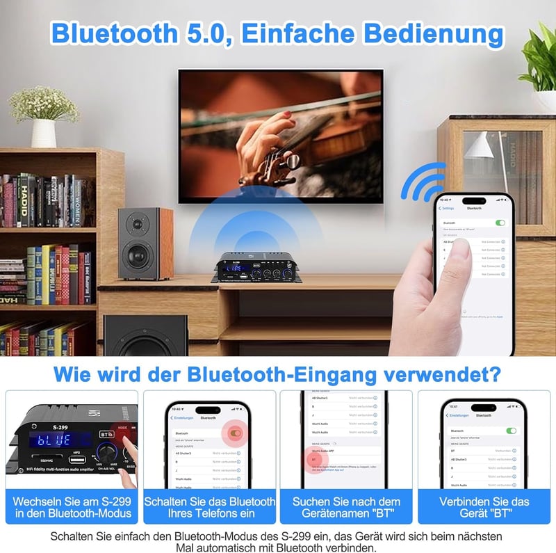 Sikkeby S-299 4.1 Bluetooth HiFi Erősítő, 40Wx4+50W RMS, 800W Max Teljesítmény, Passzív Mélynyomó Kimenet, USB/SD/AUX Csatlakozás, Otthoni H