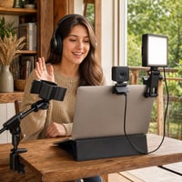 Online meeting fénycsomag: USB gyűrűlámpa + FHD webkamera + laptopállvány + állítható mikrofontartó 1