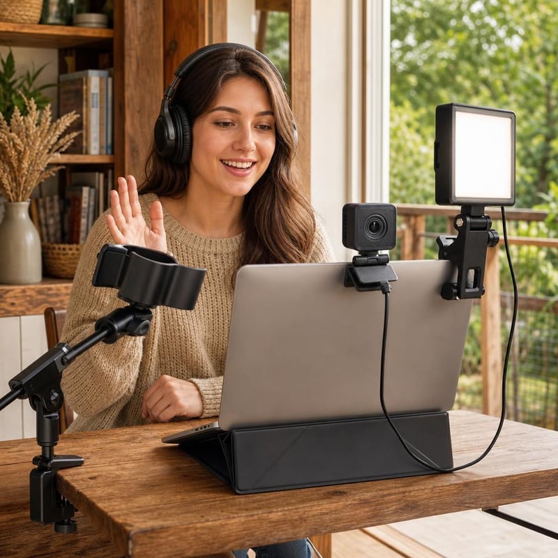 Online meeting fénycsomag: USB gyűrűlámpa + FHD webkamera + laptopállvány + állítható mikrofontartó