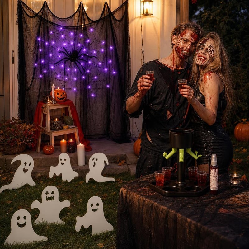 Halloween horor balík: čierna sieť + 80 LED pavučina + 6x tabuľa + 6x pohár + umelá krv