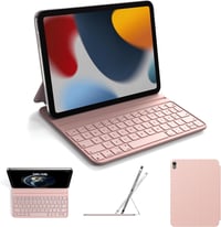HOU Slim Bluetooth Billentyűzetes Tok iPad 10. és 11. Generációhoz - Műbőr Védőtok QWERTZ Kiosztással, Ergonomikus Állítható Tartóval, Rózsa 2