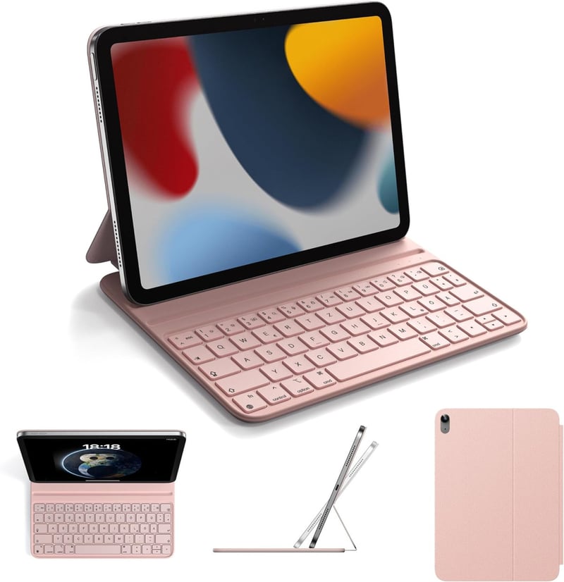 HOU Slim Bluetooth Billentyűzetes Tok iPad 10. és 11. Generációhoz - Műbőr Védőtok QWERTZ Kiosztással, Ergonomikus Állítható Tartóval, Rózsa