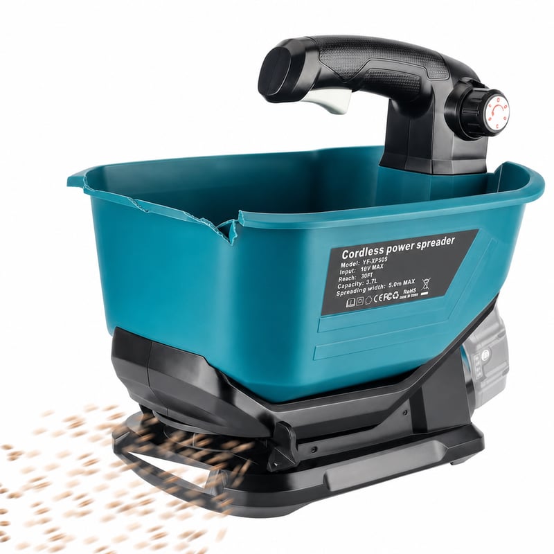 Distribuitor manual de îngrășăminte Adisipsoarin pentru acumulator Makita 18V, pentru semințe de iarbă și sare gemă — fără fisuri la rezervor în partea de sus (stare: vezi a 2-a fotografie)