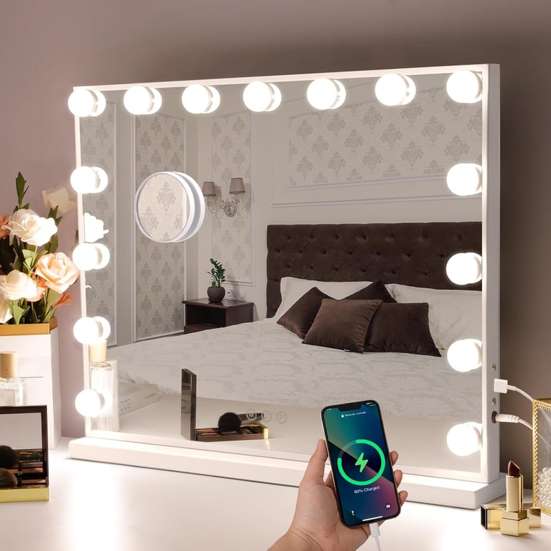 Hansong Hollywood Sminkasztal Tükör 15 LED Izzóval - Fehér Sminktükör USB Kimenettel, 58x46 cm Méretben, Üveg Kivitelben