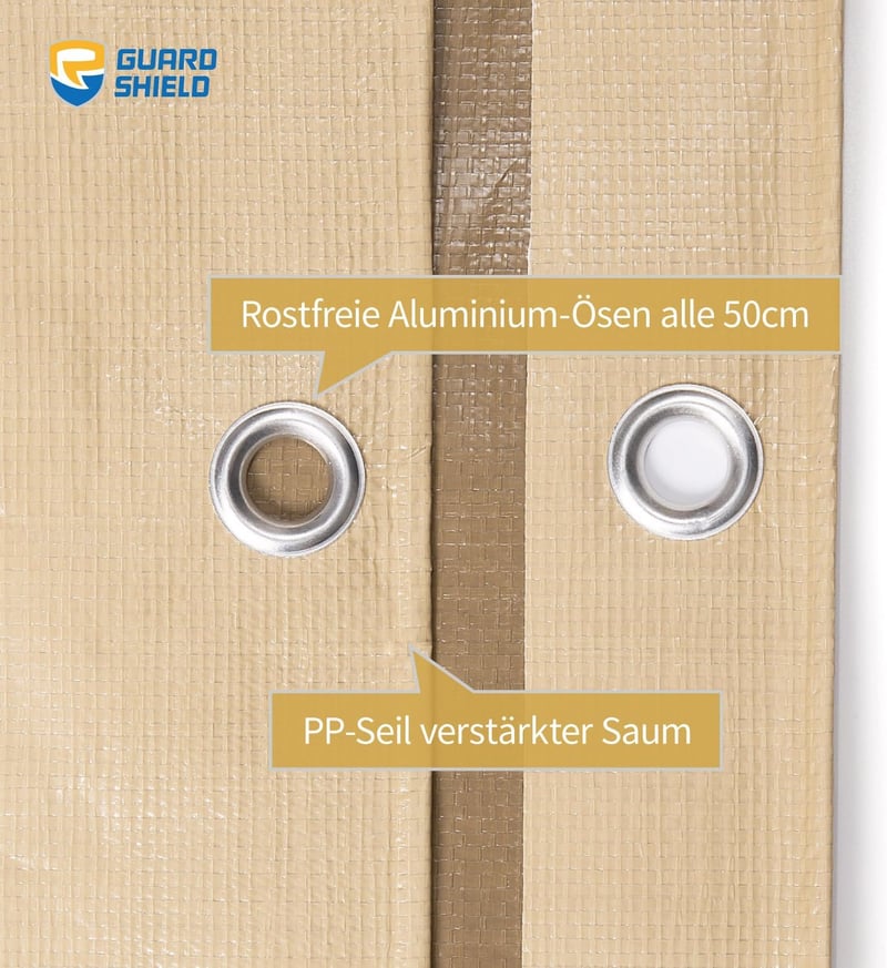 GUARD SHIELD Vízálló Ponyva Fémgyűrűkkel, 2x2m, Bézs/Khaki, 160g/m² Védőtakaró, Szakadásálló, UV-Stabilizált, Penészálló Többcélú Takarópony