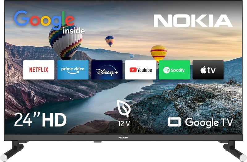 Nokia 24 Inch HD Google TV - 12V-os Kempingezéshez - Háttérvilágítású Távirányító - Chromecast - Triple Tuner DVB-C/S2/T2 - WiFi - 2023