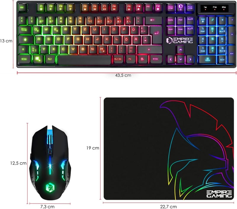 EMPIRE GAMING Armor RF800 Vezeték Nélküli Gamer Billentyűzet és Egér Szett RGB Háttérvilágítással, 4800 DPI, QWERTZ, PC/PS4/PS5/Xbox Kompati - RF800 Wireless Schwarz