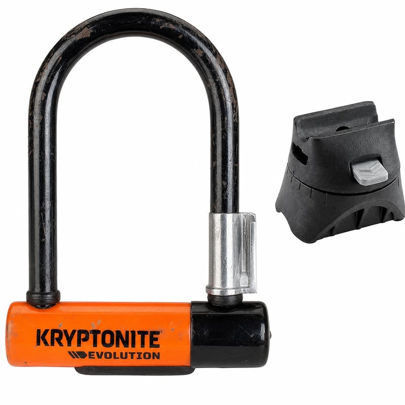 Kryptonite Evolution Mini-5 U-lokot za bicikl – razina sigurnosti 7/10 – zaključavanje ključem s nosačem – istrošen nosač (stanje: vidi 2. sliku)