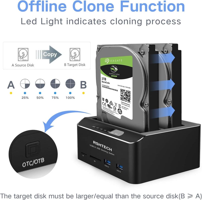 RSHTECH USB 3.0 Alumínium HDD/SSD Dokkoló 2 Tárhelyhez, Klónozással, SD/TF Kártyaolvasóval