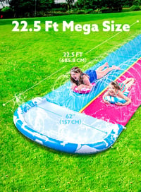 JOYIN 685,8 cm Dupla Vizes Csúszda - Kék-Rózsaszín Kerti Vízi Játék Gyerekeknek, Beépített Locsolóval és Felfújható Medencével, 2-4 Játékosn - 62,5 x 150 cm, Blue, Light Blue 2