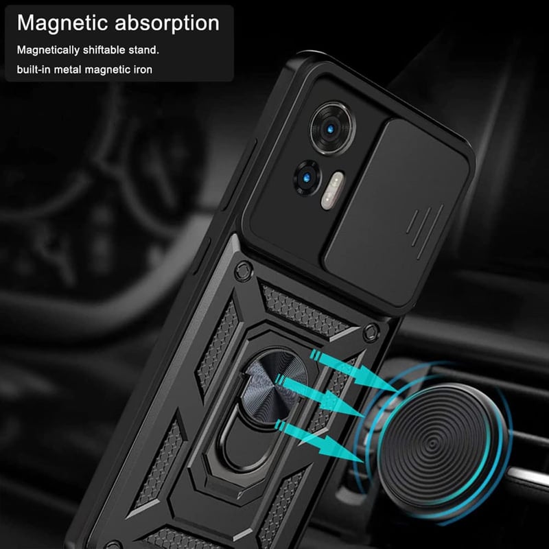 Motorola Edge 30 Neo csúsztatható kamerás védőtok, 360°-os gyűrűvel, mágnessel - Fekete
