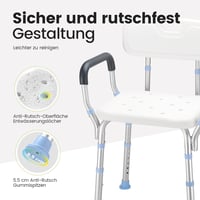 HEAO Állítható Magasságú Zuhanyszék Háttámlával és Karfával - Időseknek, 41-53 cm, 136 kg Teherbírással, Puha Párnázattal 3