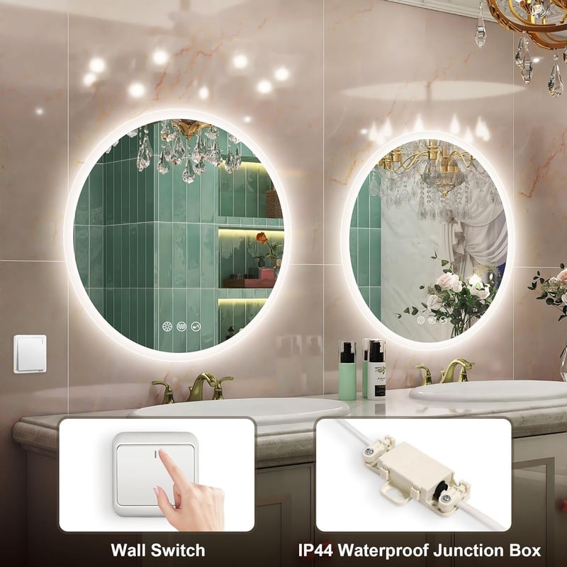 STARLEAD 60 cm Kerek Fürdőszobai Tükör Bluetooth Hangszóróval, Fényerőszabályzással, 3 Színhőmérséklettel, Páramentesítővel, IP44 Védettségg
