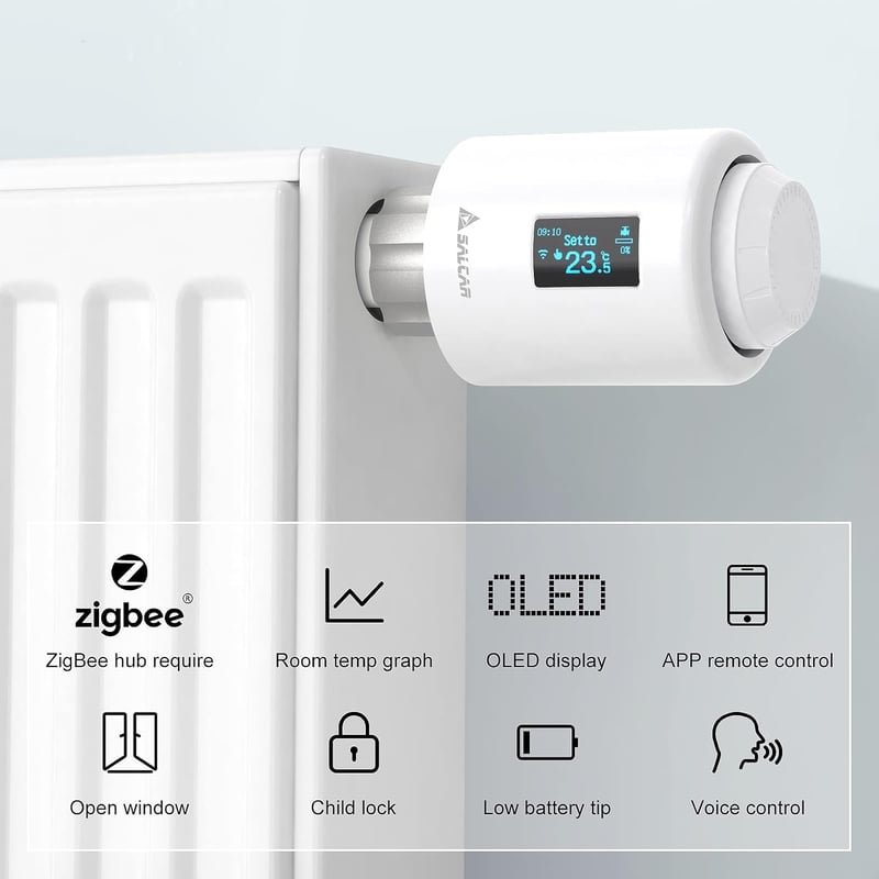 SALCAR okos radiátor termosztát - Alexa és Google kompatibilis, OLED kijelzős, Tuya ZigBee