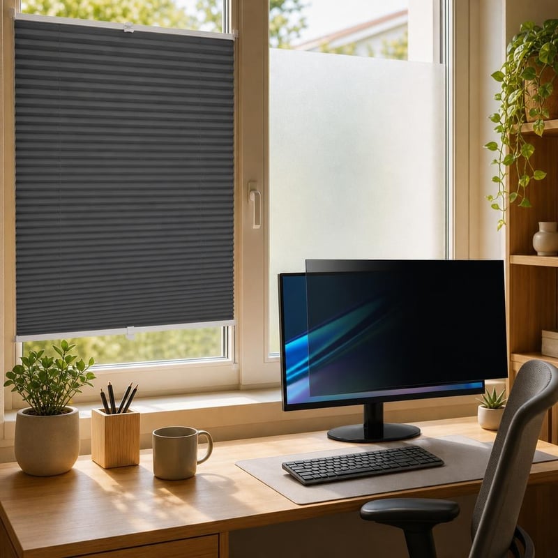 Privát árnyékolás: fúrás nélküli pliszé roló + matt UV-ablakfólia + 19" kékfényszűrős monitorfólia
