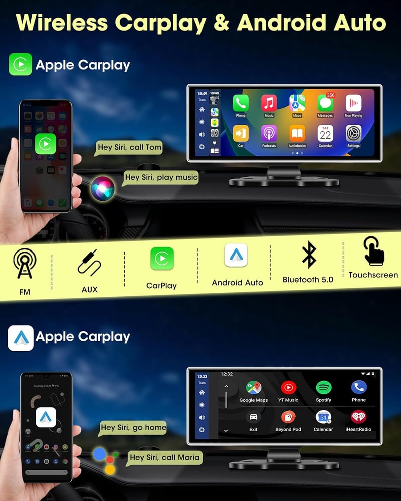 Vtopek 11,26" Vezeték Nélküli Apple CarPlay Android Autó Kijelző 2.5K Menetrögzítővel, Tolatókamerával, Bluetooth 5.0, Tükrözés Funkcióval, 