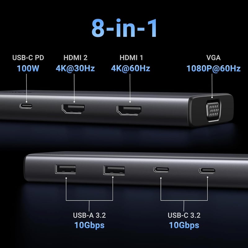 UGREEN Revodok Pro 308 USB-C dokkoló 3 kijelzőhöz, 2x HDMI, VGA, 100W PD