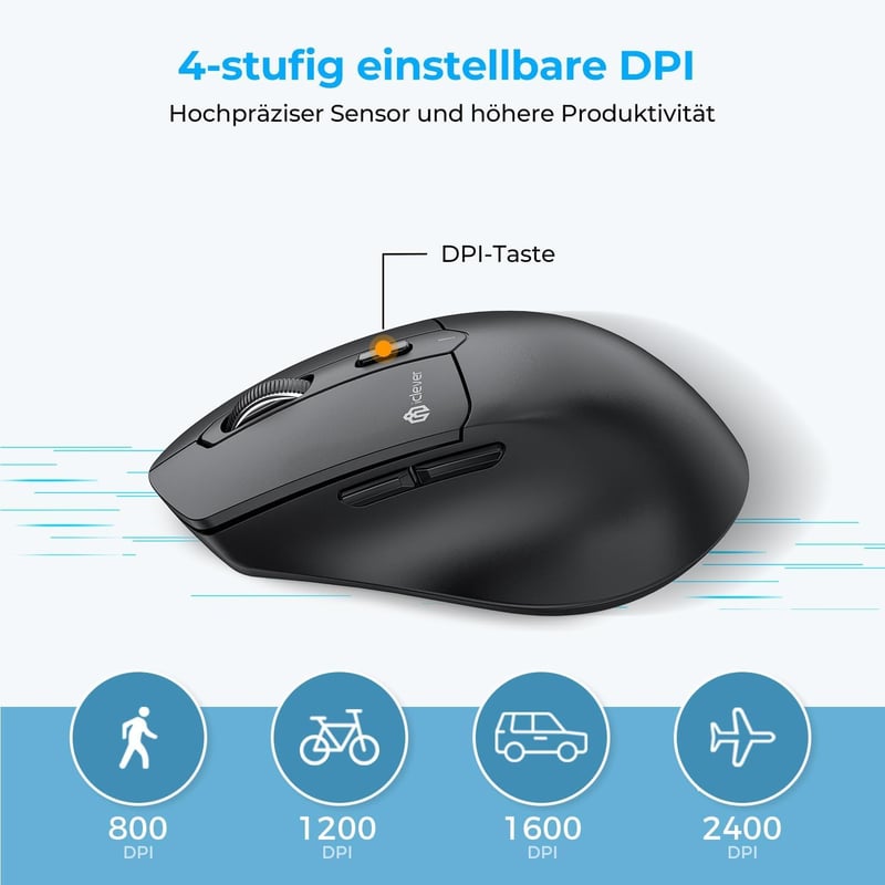 iClever MD360 Ergonomikus Bluetooth Egér - Vezeték Nélküli USB-C Tölthető Egér Jiggler Funkcióval, Csendes Kattintás, 3 Eszköz Csatlakoztatá