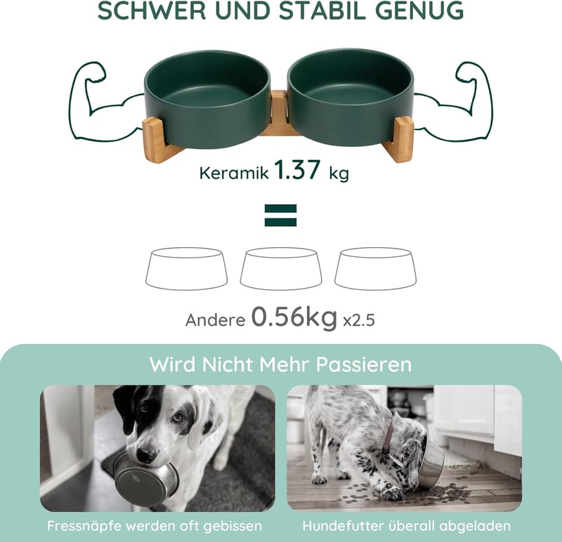 SPUNKYJUNKY Zöld Kerámia Dupla Etetőtál Kutyáknak és Macskáknak Bambusz Állvánnyal (400ml)