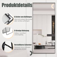 AUFHELLEN Álló Tükör 180x80 cm - Teljes Alakos Fali Tükör Fekete Fém Kerettel, HD Minőségű Üveg, Akasztókkal - Nappali, Hálószoba, Öltöző 3