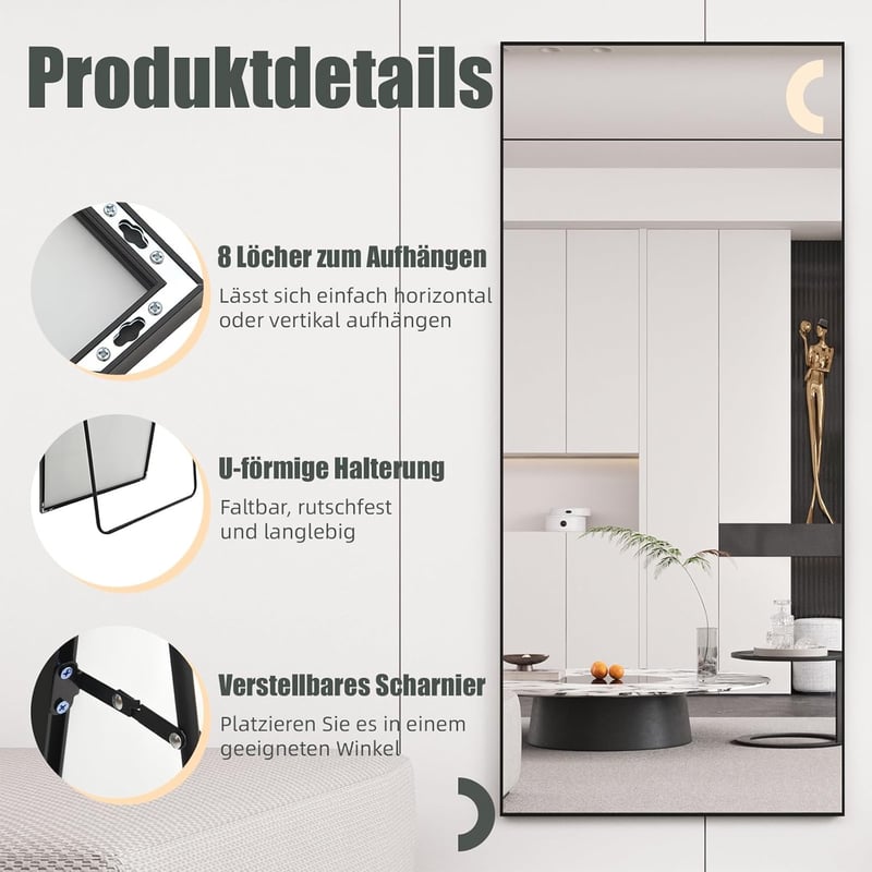 AUFHELLEN Álló Tükör 180x80 cm - Teljes Alakos Fali Tükör Fekete Fém Kerettel, HD Minőségű Üveg, Akasztókkal - Nappali, Hálószoba, Öltöző