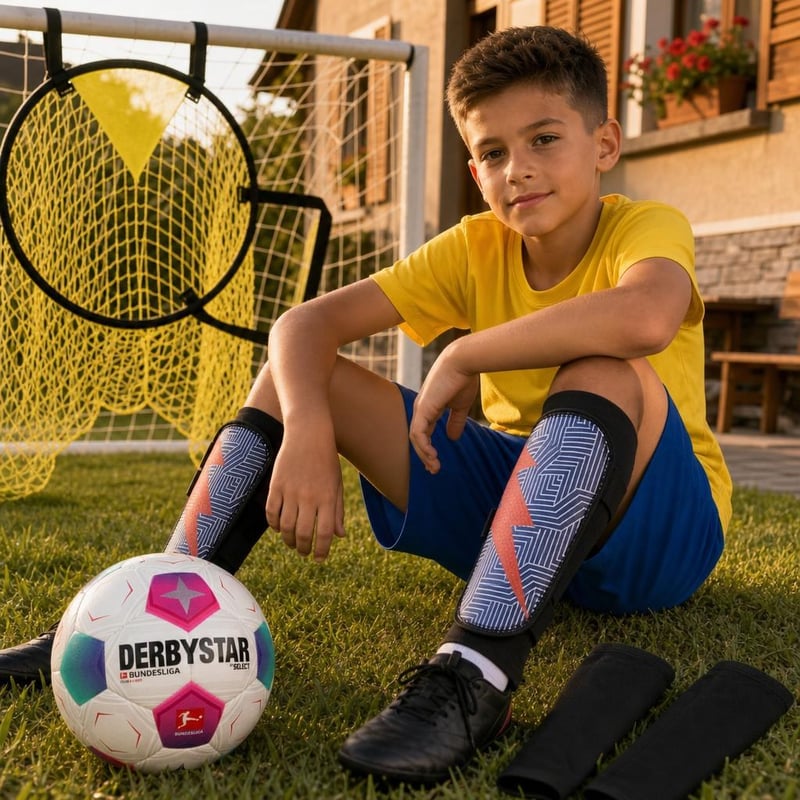 Set Fotbal Junior: apărători + șosete compresie + minge antrenament + plasă precizie