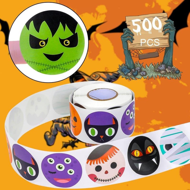 Halloween matrica gyerekeknek - 500 db kerek, 1,5 hüvelykes, tekercses