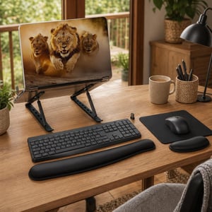 Pachet Home Office: folie laptop + kit tastatură-mouse + mousepad + suport + suport încheietură + organizator