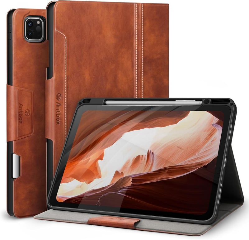 Antbox iPad Pro 12.9" Bőrtok (2018-2022) - Ceruza tartóval, Automata Alvás/Ébresztés funkcióval, PU Bőr Védőtok, Barna