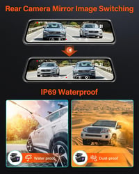 Jansite 4K Visszapillantó Tükör Menetrögzítő Kamera 64GB SD Kártyával, 10" IPS Érintőképernyővel, Első-Hátsó 170° Látószög, 10m Kábel, WDR 7