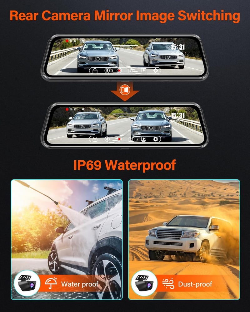 Jansite 4K Visszapillantó Tükör Menetrögzítő Kamera 64GB SD Kártyával, 10" IPS Érintőképernyővel, Első-Hátsó 170° Látószög, 10m Kábel, WDR
