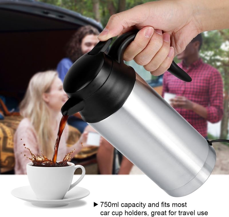 MAGT 12V 750ml Autós Vízforraló Bögre - Rozsdamentes Acél Utazó Termosz Kávéhoz, Teához - Automata Kikapcsolás, Jelzőfény, Ezüst