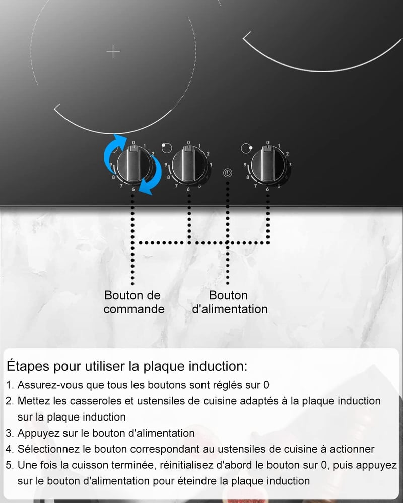 Beépíthető 60 cm-es indukciós főzőlap, 3 zónás, 9 fokozatú, 6000W