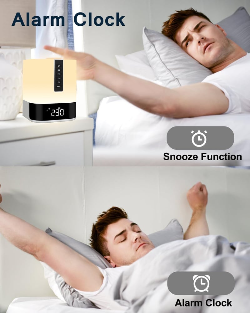 WamGra Bluetooth hangszórós éjjeli lámpa gyermek ébresztőórával, fehér zaj készülékkel, érintéses fényerőszabályzással, 48 RGB LED, fehér