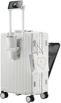 LANMOU Alumínium Keretes Kemény Héjú Bőrönd 20" - Kézi Poggyász USB Porttal, Pohártartóval, 4 Kerekű Utazóbőrönd TSA Zárral, 56 cm, Fehér 1
