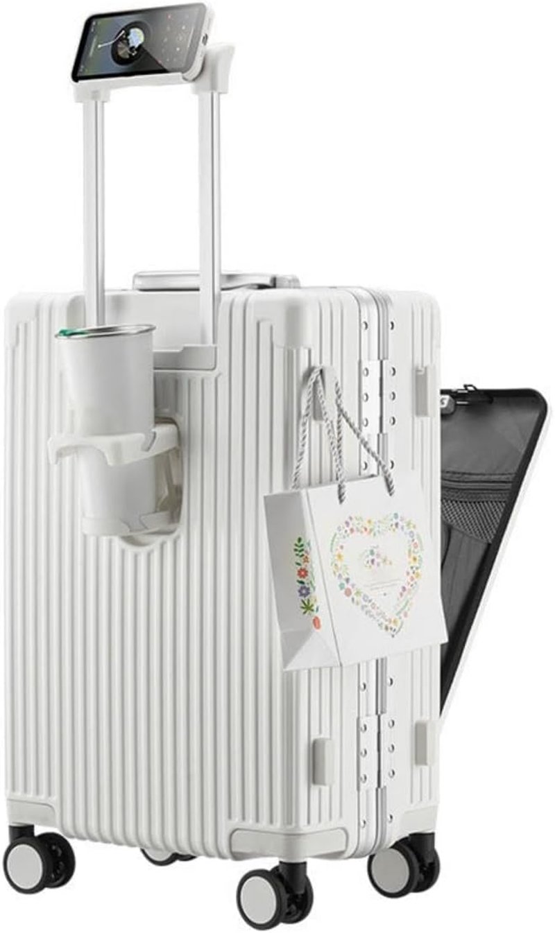 LANMOU Alumínium Keretes Kemény Héjú Bőrönd 20" - Kézi Poggyász USB Porttal, Pohártartóval, 4 Kerekű Utazóbőrönd TSA Zárral, 56 cm, Fehér