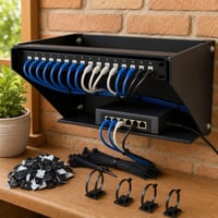 LAN štartovací balík: 1x CAT6 kábel + 1x 16-port patch panel + 1x 4U rack + 300x sťahovacie pásky + 1x PoE switch 1