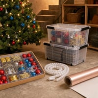 Karácsonyi díszmentő: 64 db gömbdísz + kerekes tárolódoboz + 2 m kábelrendező + metál ajándékpapír 1