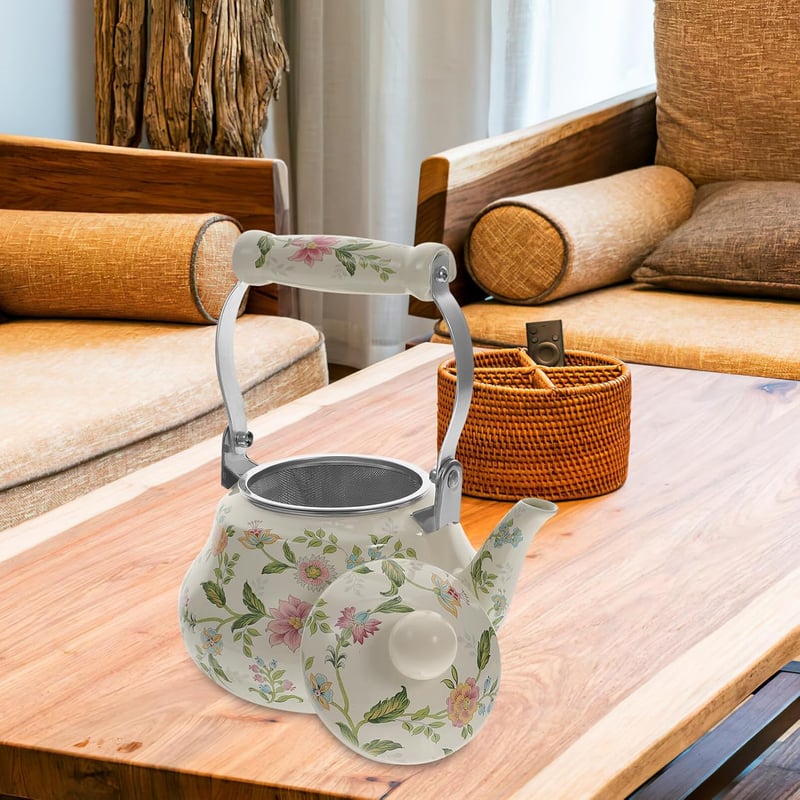 BESTonZON Vintage Teáskanna - Fehér Zománcozott Vízforraló Indukciós Főzőlapra - Retro Stílusú Hordozható Teafőző 730g