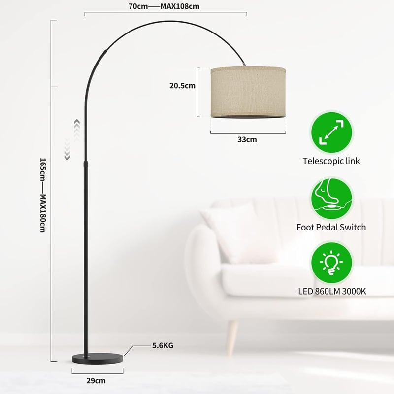 Modlicht Jasmin Ívelt Állólámpa - E27 LED 9W, 3000K Meleg Fény, 33cm Lenvászon Lámpaernyő, Bézs, 165-180cm, Nappali, Hálószoba, Iroda
