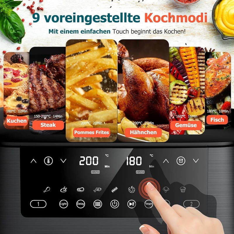 Cookwise 9L Dupla Fiókos Forrólevegős Sütő - 9-in-1 Főzési Mód, Betekintő Ablak, Érintőképernyő, Olajmentes Egészséges Sütés, Időzítő, 2570W