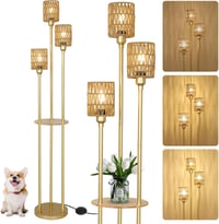 Rayofly Modern Boho Állólámpa 3 Izzóval - Rattan Lámpaernyő, Polccal és Háromfokozatú Lábkapcsolóval - Tökéletes Hálószobába, Irodába, Nappa 1