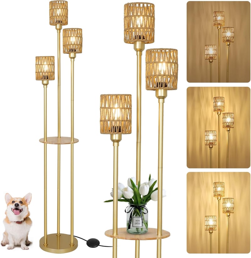 Rayofly Modern Boho Állólámpa 3 Izzóval - Rattan Lámpaernyő, Polccal és Háromfokozatú Lábkapcsolóval - Tökéletes Hálószobába, Irodába, Nappa