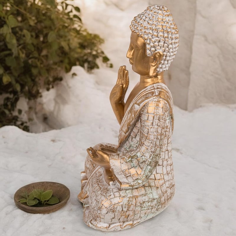 MIJOMA Arany-Fehér Vintage Buddha Szobor 21 cm Méretben Polirezinből, Mécses Tartóval - Spirituális Lakásdekoráció, Elegáns Ajándék